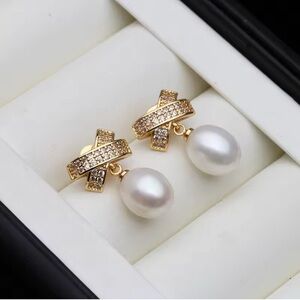 Natural 8mm Akoya Pearl CZ Stud Drop Earrings 14K Yellow Gold Plated